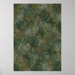 Póster de patrón botánico de liquen verde bosque