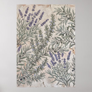 Póster de patrón botánico de olivo lavanda
