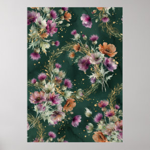 Póster de patrón de amapola de cardo teal silvestr