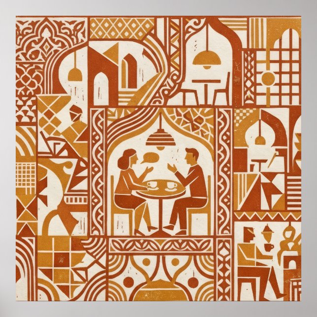 Póster de patrón de café folk ocre (Frente)