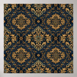 Póster de Patrón de Damasco Barroco de Oro Azul Ma