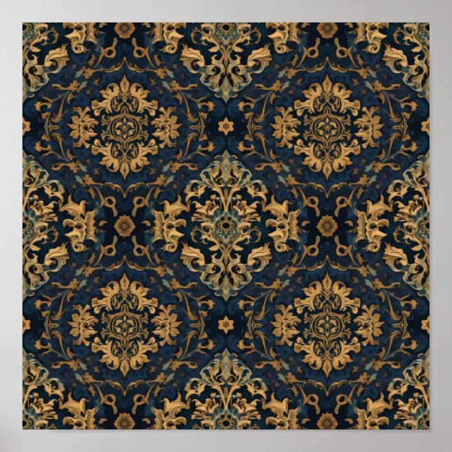 Póster de Patrón de Damasco Barroco de Oro Azul Ma (Frente)