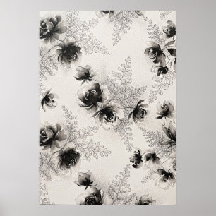 Póster de patrón floral de helecho peonía acuarela