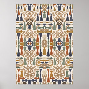 Póster de patrón textil de borlas y nudos bohemios