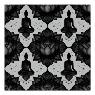 Póster de patrón zen de loto negro de Buda meditan