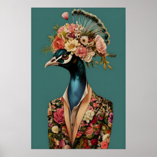Póster de pavo real con traje, retrato de pavo rea