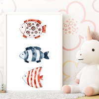 Póster de peces rojos y azules bajo el mar