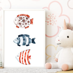 Póster de peces rojos y azules bajo el mar