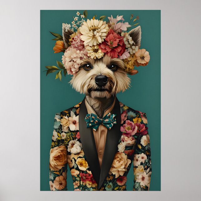 Póster de perro crestudo chino con traje, chino (Frente)