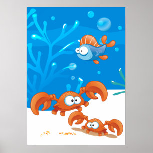Póster de pez divertido y cangrejo lindo acuático 