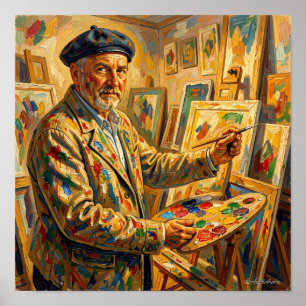 Póster de pintor solitario en un estudio dorado