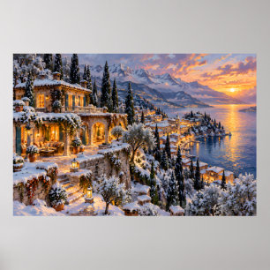 Póster de pintura al óleo atardecer Villa junto al
