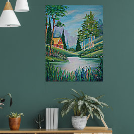 Póster de pintura al óleo de cabaña junto al arroy