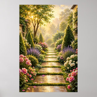 Póster de pintura al óleo del camino del jardín se