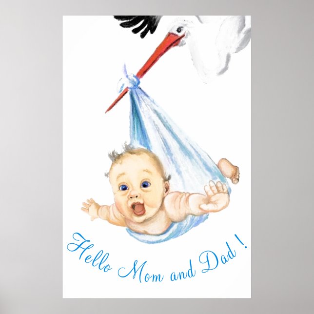 Póster de pintura de cigüeña llevando a un bebé  (Frente)