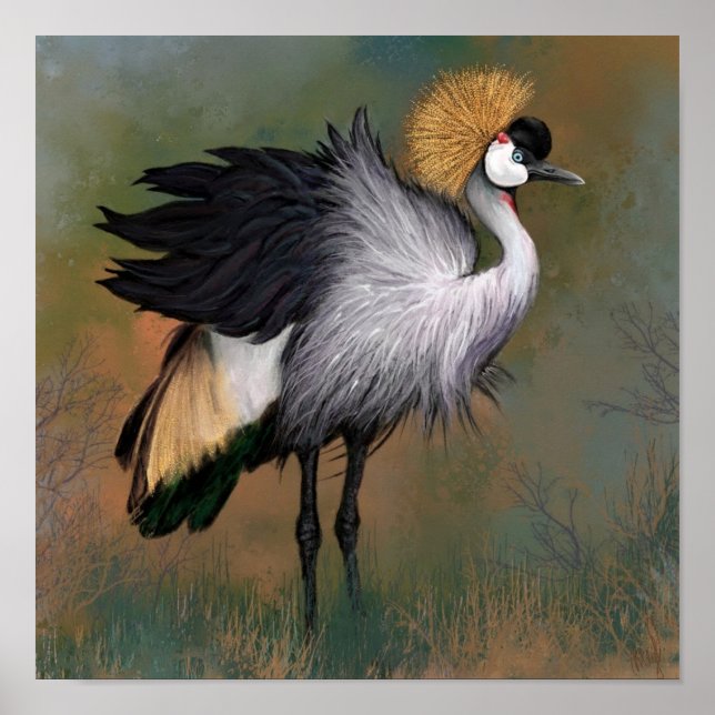 Póster de pintura de grulla coronada gris (Frente)