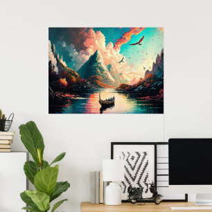 Póster de pintura de paisaje de montañas