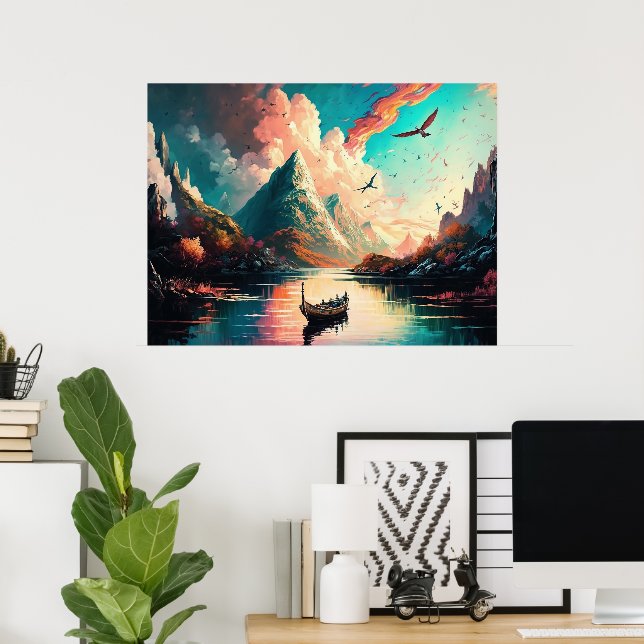 Póster de pintura de paisaje de montañas (Oficina en casa)