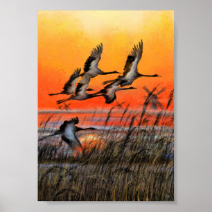 Póster de pintura de pájaros volando al atardecer