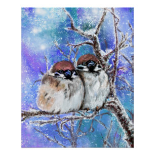 Póster de Pintura de Pareja de Gorriones Pequeños