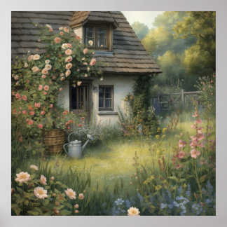 Póster de pintura del jardín de la cabaña de rosas