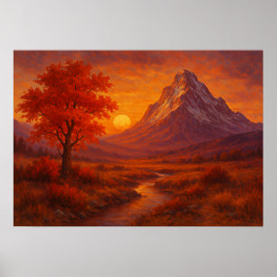 Póster de pintura del paisaje del atardecer en la