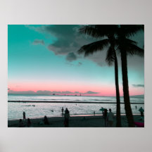 Póster de playa de Hawái con cielo rosa y aqua