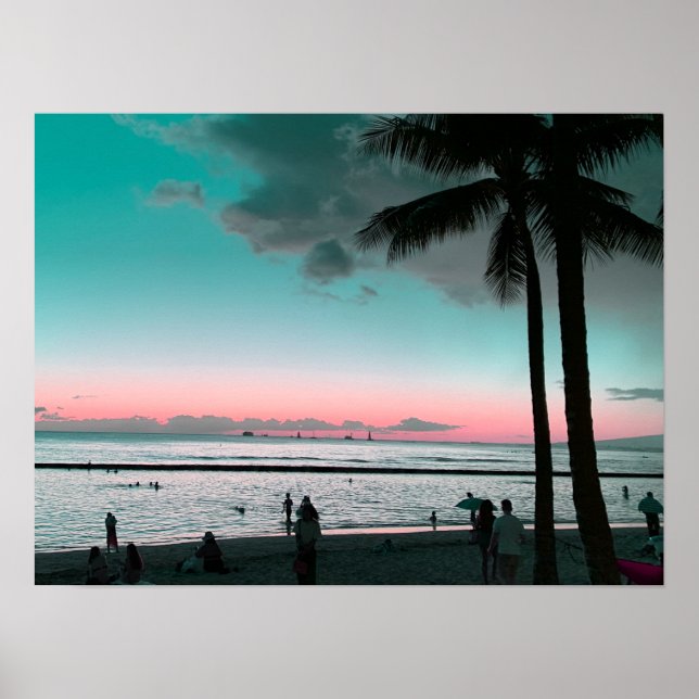 Póster de playa de Hawái con cielo rosa y aqua (Frente)