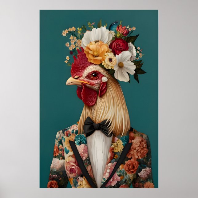Póster de pollo con traje, retrato de pollo, pollo (Frente)