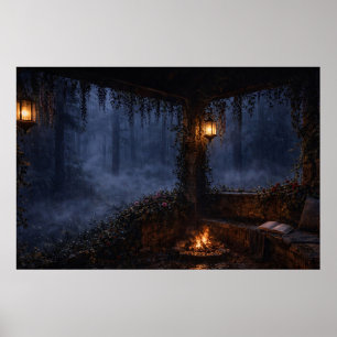 Póster de porche con dosel de bosque brumoso