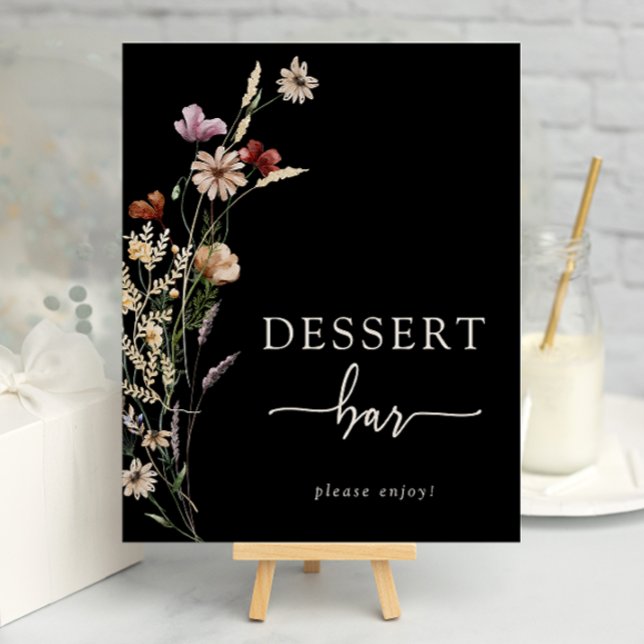 Póster de postres florales boho negro (Black Boho Floral Dessert Bar Poster by Painted Paperie
)