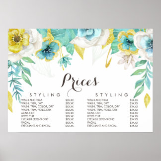 Póster de Precios de Menú de Esteticista con Flore