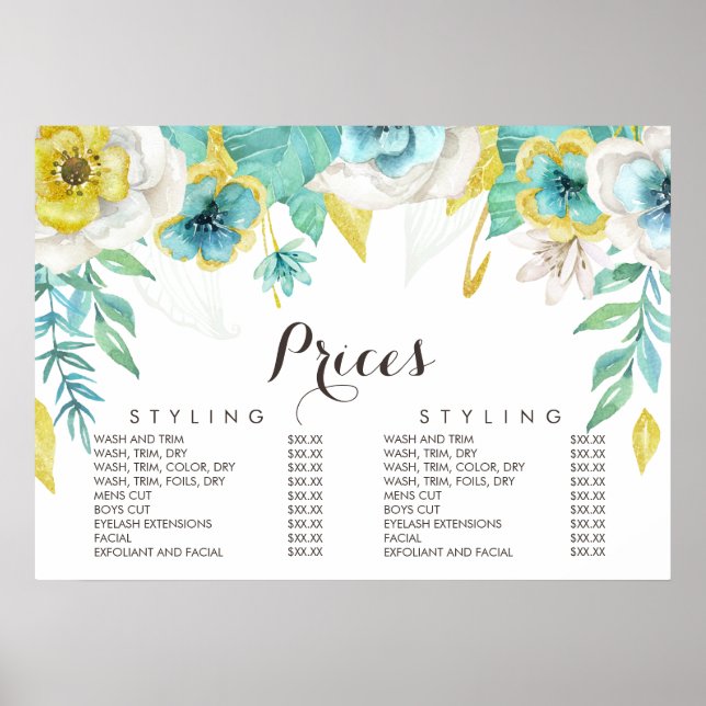Póster de Precios de Menú de Esteticista con Flore (Frente)