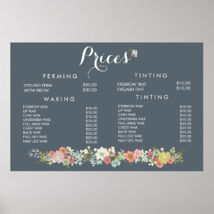 Póster de precios del menú de la esteticista del s