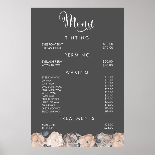 Póster de Precios Menú de Salón de Belleza Peluque (Frente)