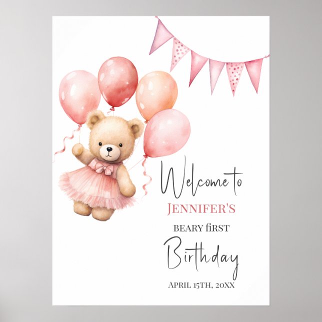 Póster de primer cumpleaños de Beary con globo ros (Frente)