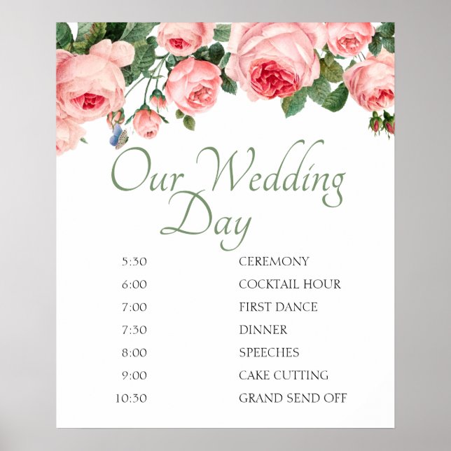 Póster de programación de boda floral de rosa rosa (Frente)