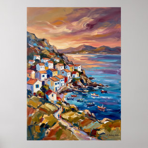 Póster de pueblo costero de la isla griega