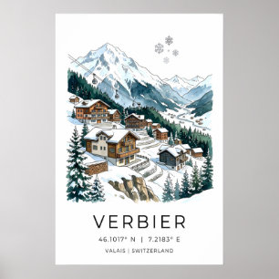 Póster de pueblo suizo de esquí, chalets nevados,