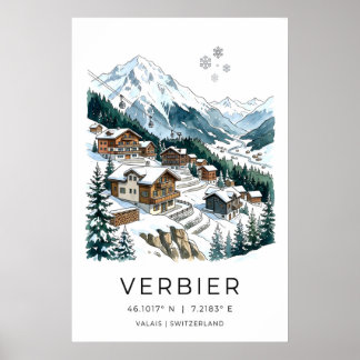 Póster de pueblo suizo de esquí, chalets nevados,