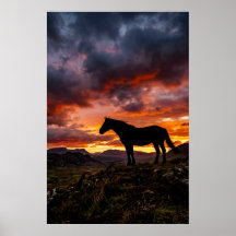 Póster de puesta de sol con silueta de caballo maj