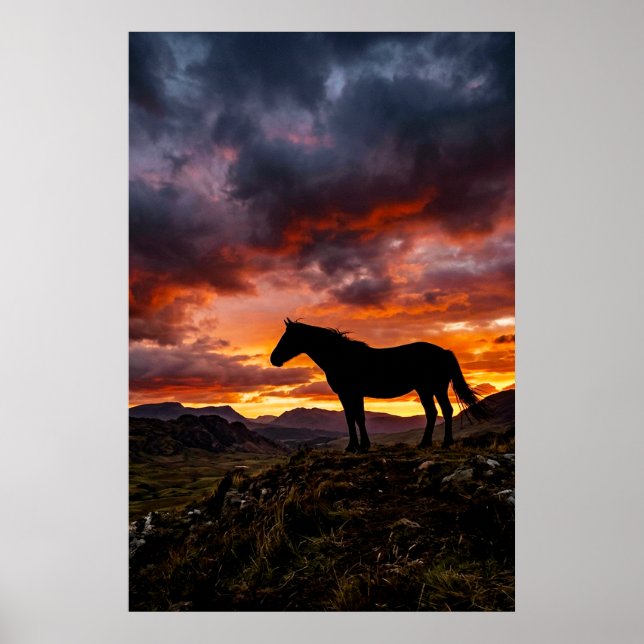 Póster de puesta de sol con silueta de caballo maj (Frente)