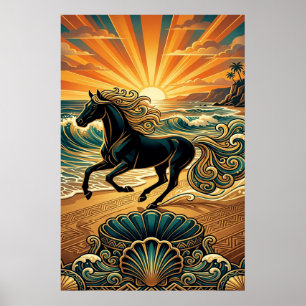 Póster de puesta de sol de olas de playa de sement