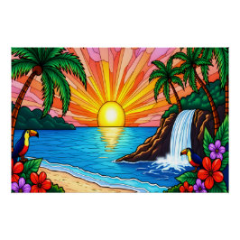 Póster de puesta de sol de vidrio emplomado tropic