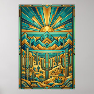 Póster de puesta de sol del desierto Art Deco - Sa