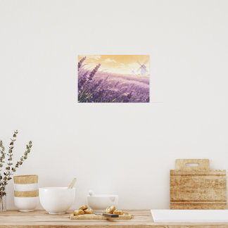 Póster de puesta de sol en campo de lavanda