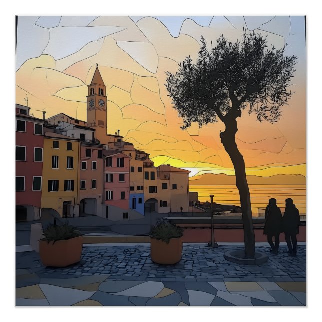 Póster de puesta de sol lígure al estilo de vidrio (Anverso)