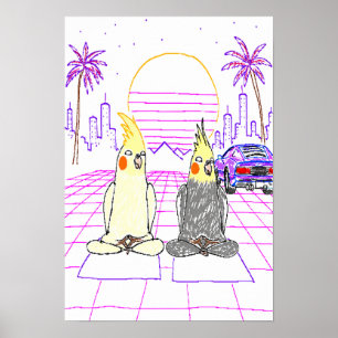 Póster de puesta de sol retro de cockatiels Vaporw