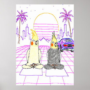 Póster de puesta de sol retro de cockatiels Vaporw