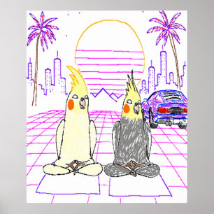 Póster de puesta de sol retro de cockatiels Vaporw
